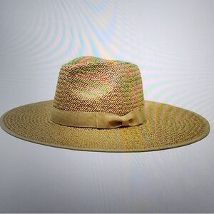 Olive & Pique Emma Wide Brim Straw Rancher Hat Tan Ribbon